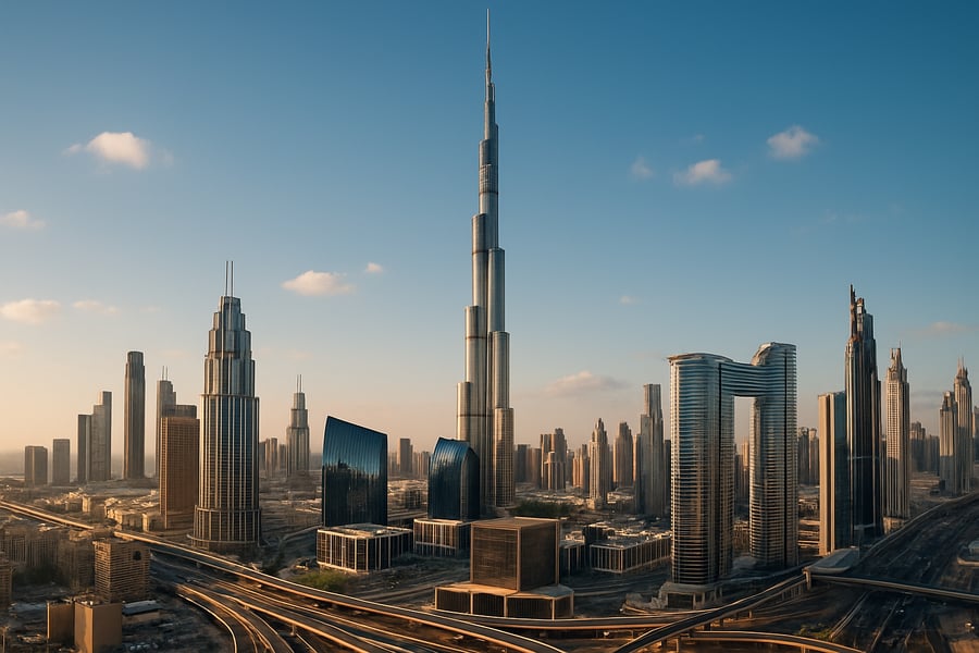 Dubai skyline with Burj Khalifa and modern architecture Dubai skyline with Burj Khalifa and modern architecture